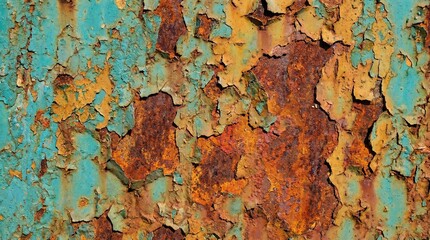 Abstract industrial texture of heavily rusted metal with peeling layers of turquoise and orange paint for grunge background