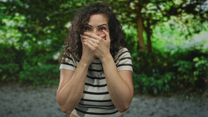 Woman covers mouth with both hands in lush green forest with curly hair visible, raised eyebrows...