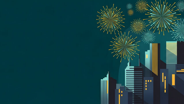 Fondo minimalista con fuegos artificiales y skyline lateral, amplio espacio negativo para texto en campa&ntilde;as, banners y anuncios festivos