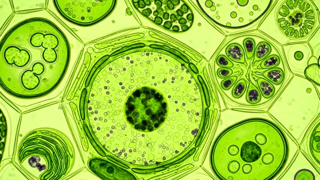 Microscopic View of Green Algae Cells in Water