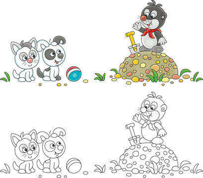 Little puppy and kitten chat amicably with a mole gardener standing with its small spade on a pile of earth in a vegetable garden, color and black-and-white vector cartoon illustrations