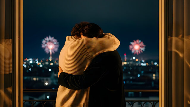 Abrazo de consuelo y apoyo emocional con ciudad nocturna y fuegos artificiales desenfocados, bienestar, empat&iacute;a y salud mental