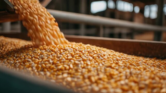 Macro-style view of corn kernels flowing from a grain chute, textured surfaces and color gradients visible, warm lighting emphasizing freshness and quality, agricultural process do