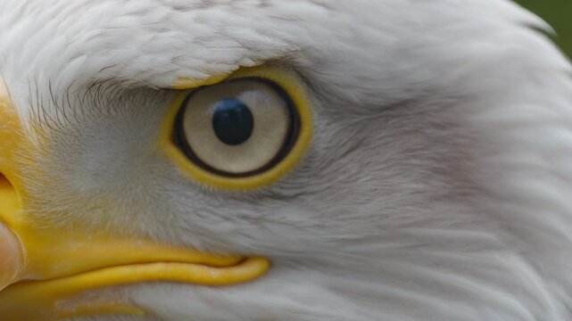 A close-up shot of a majestic eagle, capturing the intensity of its eye and the sharpness of its beak. The bird's feathers are a mix of white and brown, highlighting its powerful gaze.