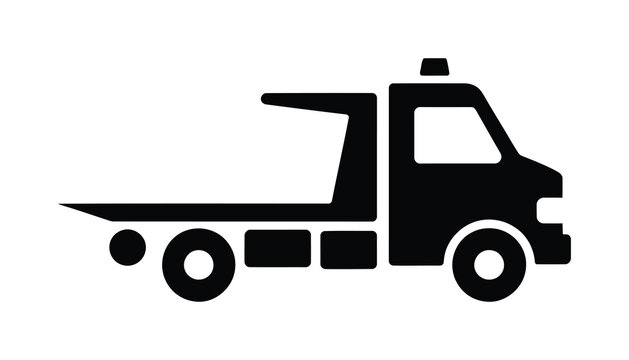 Black vector image of flatbed tow truck on white background