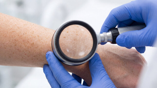Doctor checks skin with dermatoscope. Skin screening targets skin spots for melanoma, for skin cancer awareness month campaign, closeup medical care concept, clinic background, prevention theme
