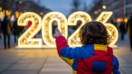 Niño señalando letrero luminoso de fin de año en la ciudad, concepto de nuevos comienzos y celebración familiar nocturna