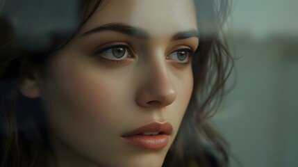 Close-up Portrait of a Serene Young Woman Looking Through a Window with Soft Natural Light and Moody Atmosphere