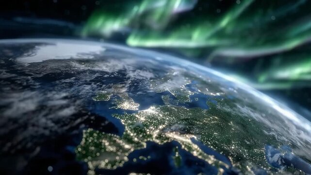 Rotating 3D Earth with Europe prominently displayed, textured green surface for continents, shimmering oceans, colorful aurora-like background, futuristic and visually striking geo