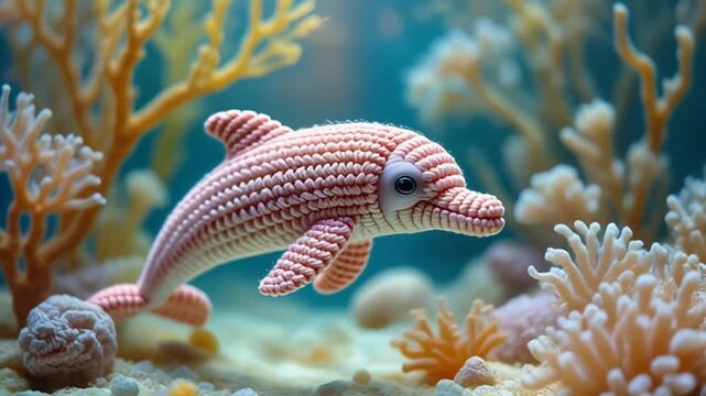 A charming crocheted dolphin swims gracefully amidst vibrant coral reefs in the ocean.
