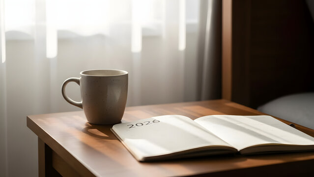 Caf&eacute; caliente en taza sobre cuaderno abierto con luz natural y fondo desenfocado, concepto editorial para blog, h&aacute;bitos y estilo de vida