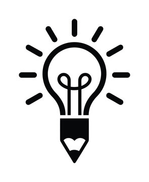 Black vector light bulb with pencil tip glowing brightly
