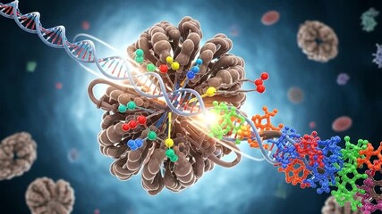 Molecular structure with DNA strands and proteins interacting - Powered by Adobe
