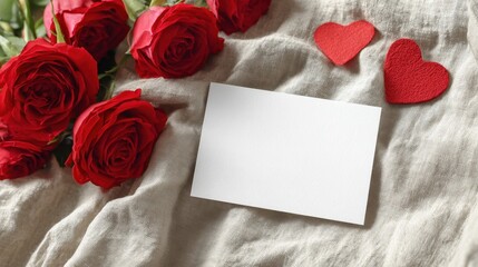 Red roses and blank white greeting card with felt hearts on linen fabric