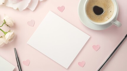 Desk workspace with coffee heart art and blank greeting card