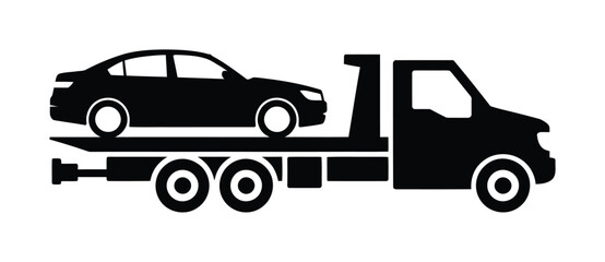 Vector tow truck transporting a sedan on flatbed