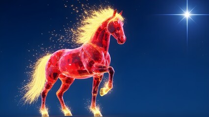 A vibrant, fiery red horse with a glowing mane and tail stands against a deep blue background with a bright star.