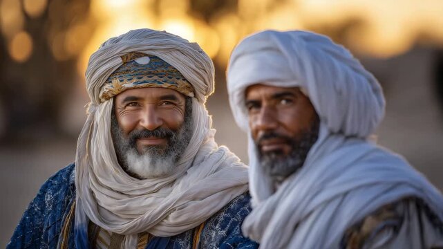 Two men in traditional garments sharing a quiet moment in the desert, soft golden hour lighting, intricate textures of robes and headscarves highlighted, calm and contemplative moo