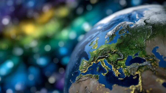 Vibrant 3D rendering of Earth with Europe in focus, textured green landmasses, detailed topography, glowing oceans, set against a dynamic colorful cosmic background, emphasizing ge