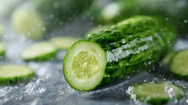 Whole cucumber hitting water with energetic splash, clear droplets and mist, thin cucumber slices suspended around it, vibrant green against a soft neutral backdrop, healthy eating