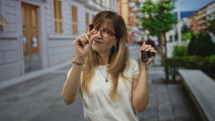Woman pinches fingers to show small size while holding car keys on a city street; playful confidence.