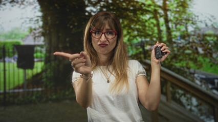 Fototapeta premium Woman points finger to small car key beside wooden railing and iron fence in park; assertive instruction.