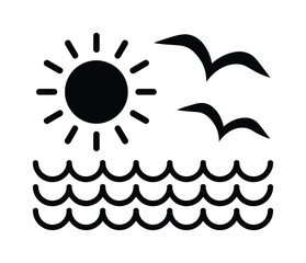Obraz premium Bright vector illustration of sun with seagulls flying over water
