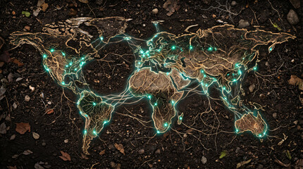 World Map Formed by Tree Roots in Soil with Glowing Ecological Connections