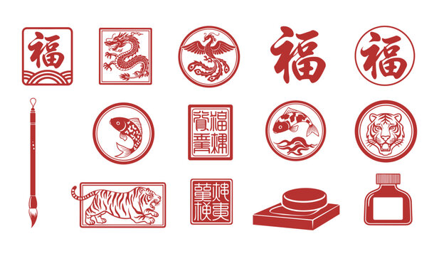 Collection of Red Chinese Zodiac Animals and Symbols with Calligraphy and Brush dragon phoenix