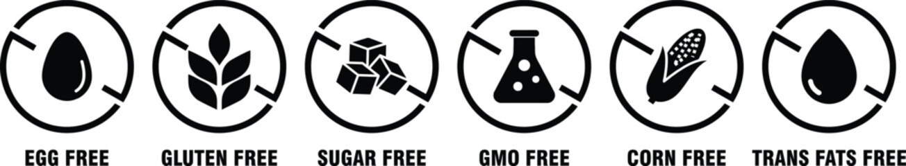Vector Icons Set for 'EGG FREE', 'GLUTEN FREE', 'SUGAR FREE', 'GMO FREE', 'CORN FREE', and 'TRANS FATS FREE' Labels