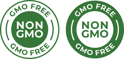 Set of Two Green 'GMO FREE' and 'NON GMO' Circular Vector Badges Isolated on White