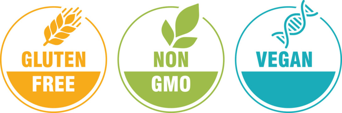 Set of three clean vector badges with icons and text: 'Gluten Free', 'Non GMO', 'Vegan'