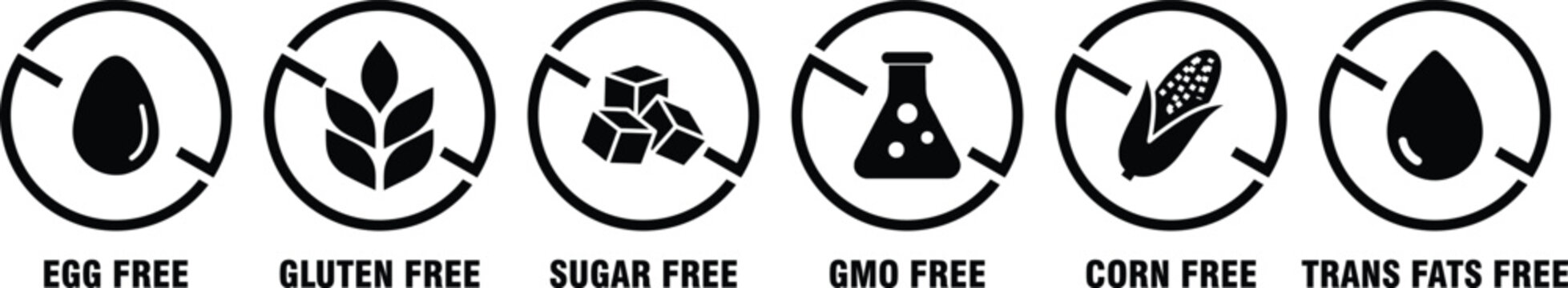 Vector Icons Set for 'EGG FREE', 'GLUTEN FREE', 'SUGAR FREE', 'GMO FREE', 'CORN FREE', and 'TRANS FATS FREE' Labels