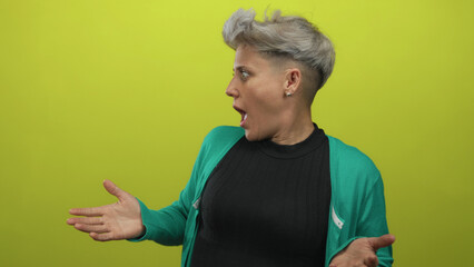 Woman with short gray hair wearing black top and teal cardigan shrugging with open hands in studio;...