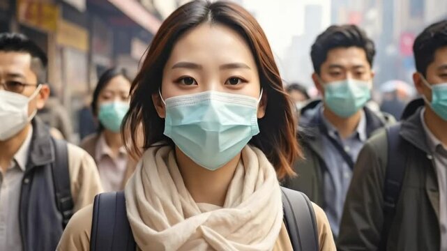 People wearing masks in a crowded city street during a pandemic outbreak.