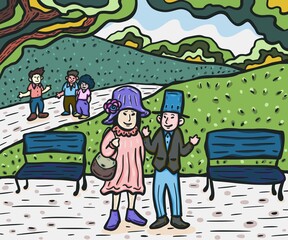 people hanging out in the park doodle color illustration