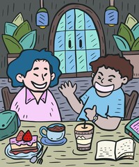 friends hanging out in cafe doodle color illustration