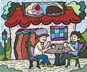 Friends hanging out at cafe doodle color illustration