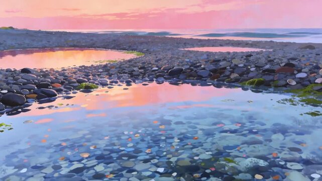 Vibrant digital illustration of tide pools on pebbled beach reflecting pink dawn sky, clear shallow
Description: A creative digital illustration depicting Vibrant digital illustration of tide pools on
