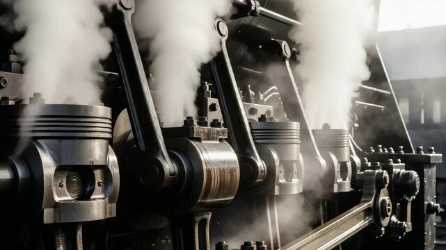 Steam engine pistons in motion with rising vapor, powerful industrial mood, mechanical energy and engineering process