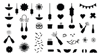 Collection of black silhouette icons for celebration and decoration on white background featuring candles, hearts, and party elements in various designs, perfect for festive occasions and joyful event