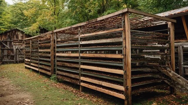Medium shot of expandable batch redrying racks demonstrating multiple tier adjustments with leaves drying in a rustic farm environment.