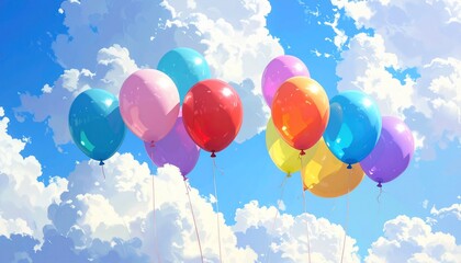 A cluster of colorful balloons float against a vibrant blue sky filled with fluffy white clouds
