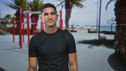 Man with bare forearms smiling and standing by red pullup bars on a coastal street fitness area; confidence motivation wellness.