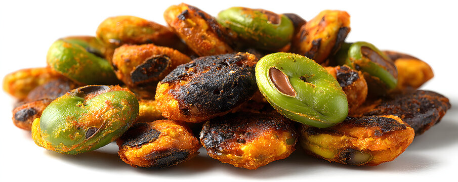 Roasted broad beans snack isolated, fried vicia faba, spicy legume, crispy big beans chips for salads