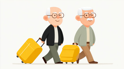 Elderly men traveling with luggage concept for retirement travel and adventure