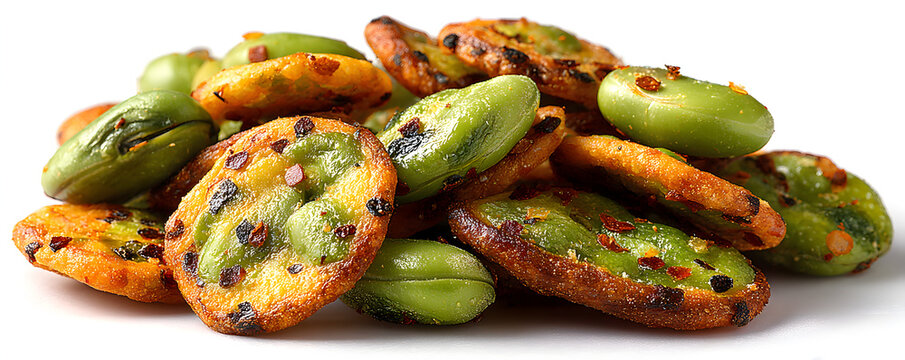 Roasted broad beans snack isolated, fried vicia faba, spicy legume, crispy big beans chips for salads