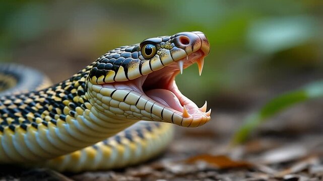 A close-up shot of a snake with its mouth open, showcasing its fangs and intense gaze. This image captures the raw power and nature of the reptile