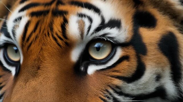 A close-up view of a tiger's captivating eyes, showcasing the animal's intense gaze and distinctive features. Its striking fur and unique patterns add to the image's overall allure