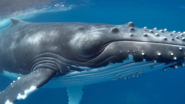 A stunning view of a whale gracefully swimming underwater in the ocean. The whale's massive body is visible, showcasing its size, and the crystal clear water makes for a beautiful underwater scene